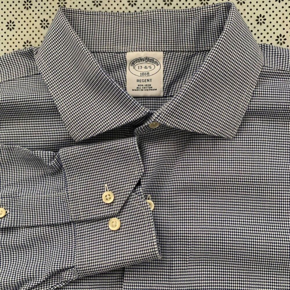 Brooks Brothers 1818 Regent Non-Iron Dress Shirt 17-4/5 Blue Houndstooth Cotton